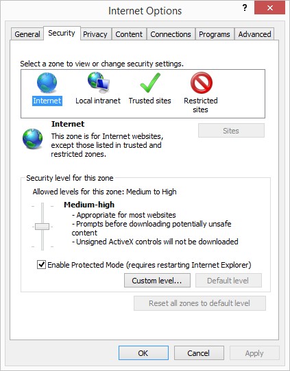 IE security settings tab